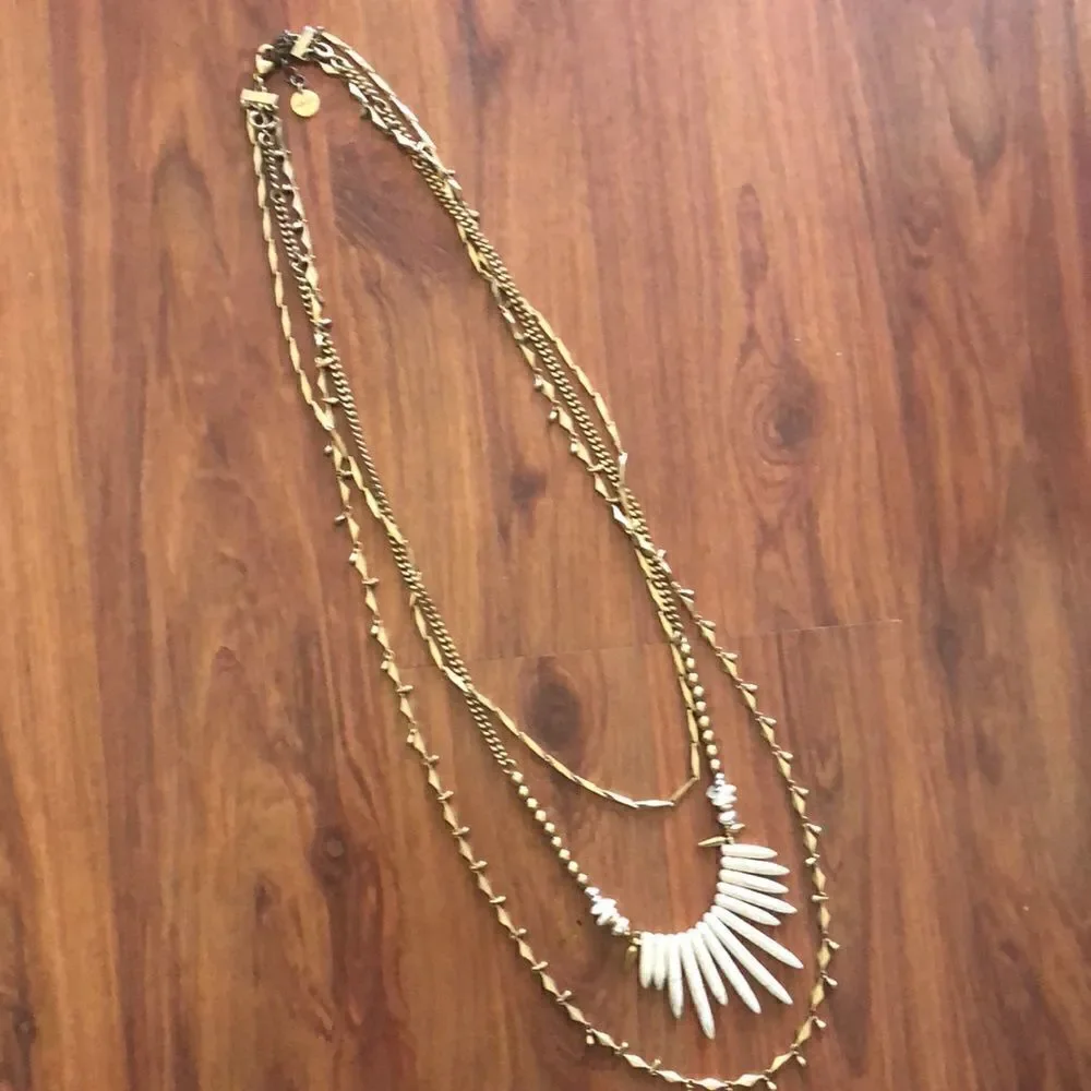 Stella & Dot Gold three tiered long necklace bohemian style.